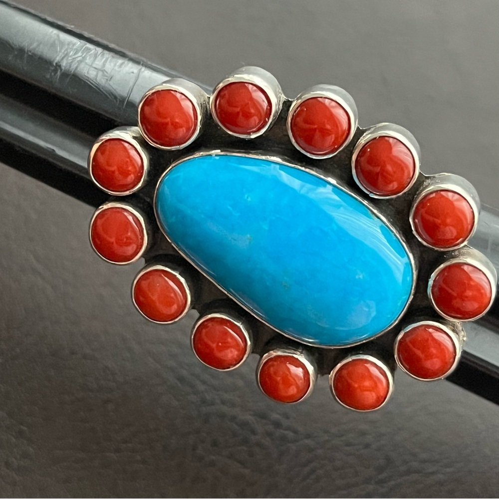 Vintage signed Navajo large Turquoise Coral and sterling silver ring - Picture 5 of 12